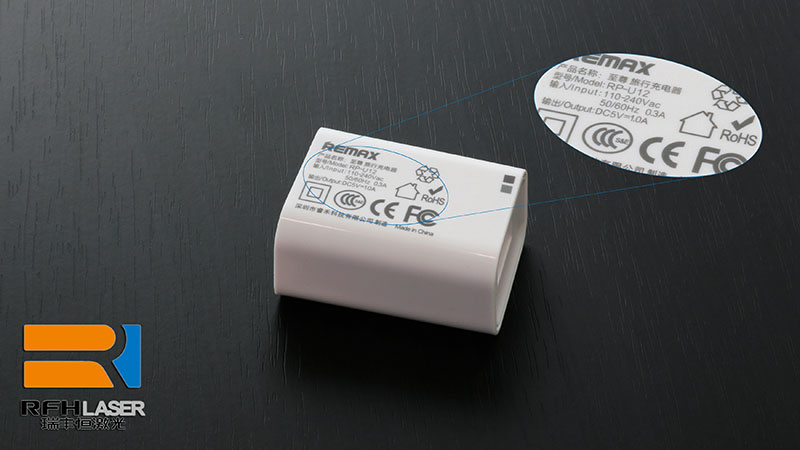 Solid UV laser source marking phone charger with damage-free marking